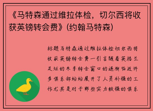 《马特森通过维拉体检，切尔西将收获英镑转会费》(约翰马特森)